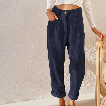 Corduroy Damesbroek met Hoge Taille en Opgerolde Zomen