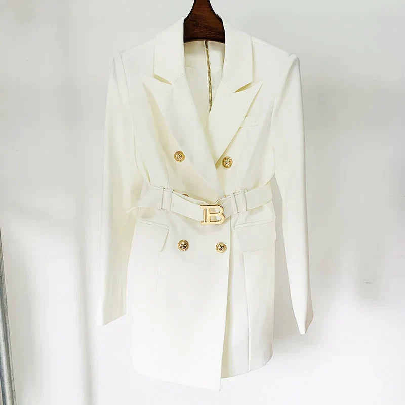 Blazerjurk Double-Breasted Met Riem Elegant Dame Jurk