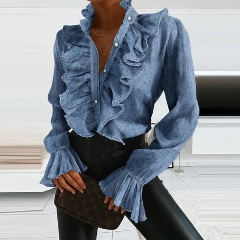 Vrouwelijke Blouse Lange Mouwen Geruffeld - Mode Vibes