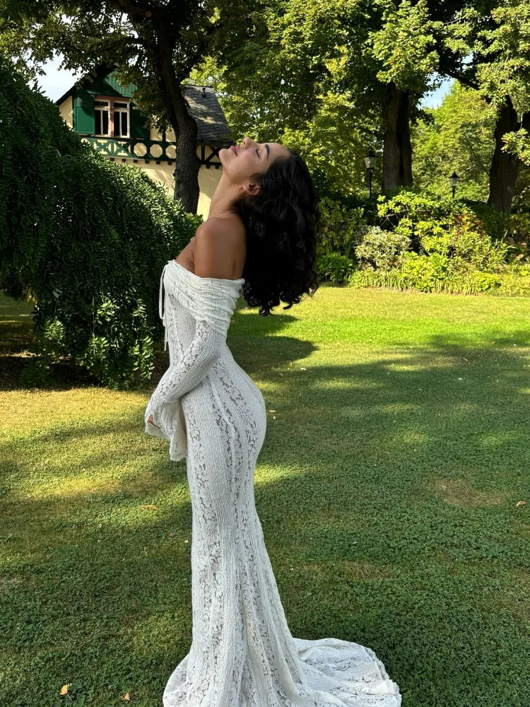 Elegante Maxi Jurk Off-Shoulder met Kant en Ruches