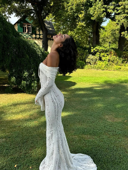 Elegante Maxi Jurk Off-Shoulder met Kant en Ruches