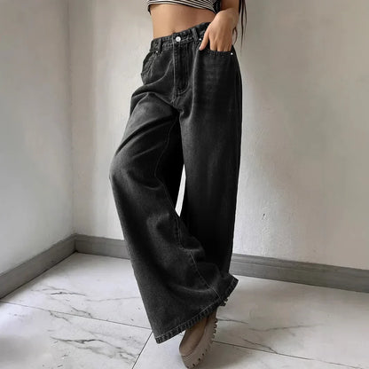 Hoge Taille Dames Jeans Breed Been Zwart Blauw