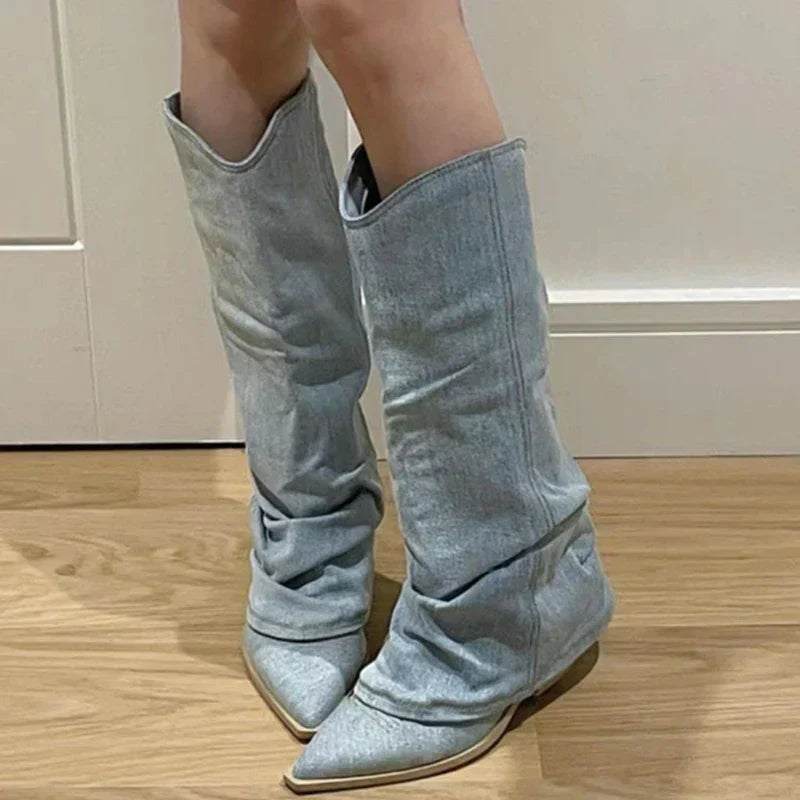 Kniehoge Denim Laarzen voor Vrouw Met Hak - Mode Vibes