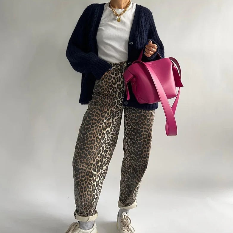 Vintage Damesjeans met Luipaardprint – Hoge Taille en Elastische Band