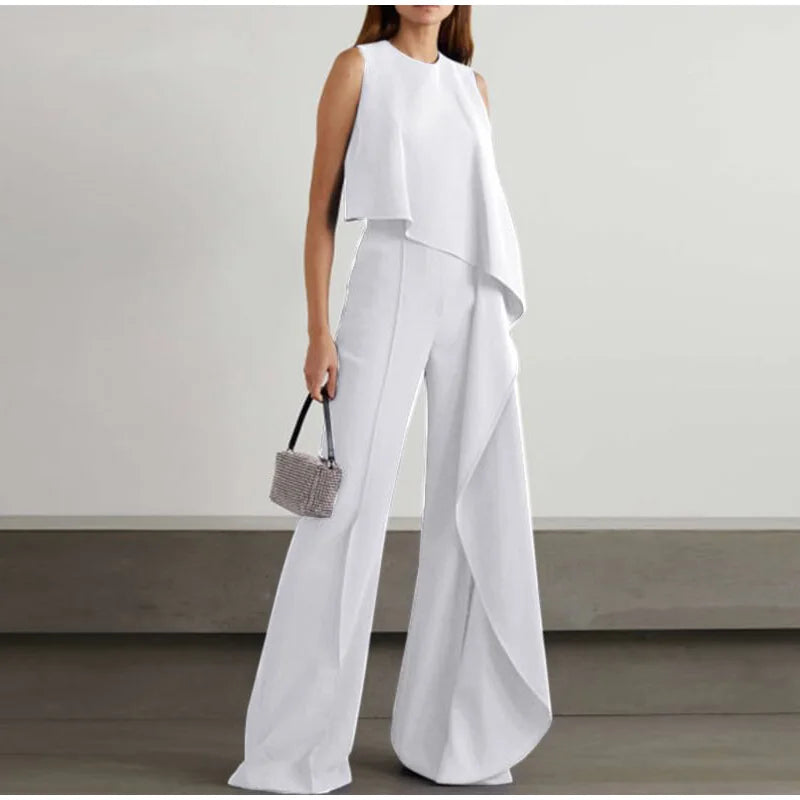 Vrouwelijke Casual Broek Set met Wijd Mouwloze Top - Mode Vibes