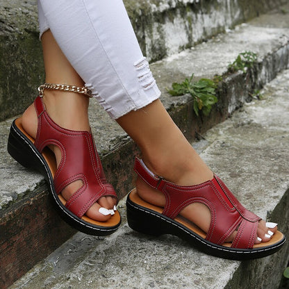 Velanora - Bruine orthopedische Lederen Sandalen met Sleehak