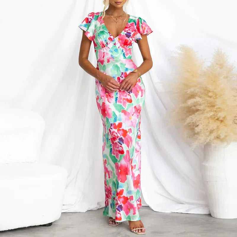 Feestjurk V-hals Bloemenprint Elegante Avondjurk - Mode Vibes