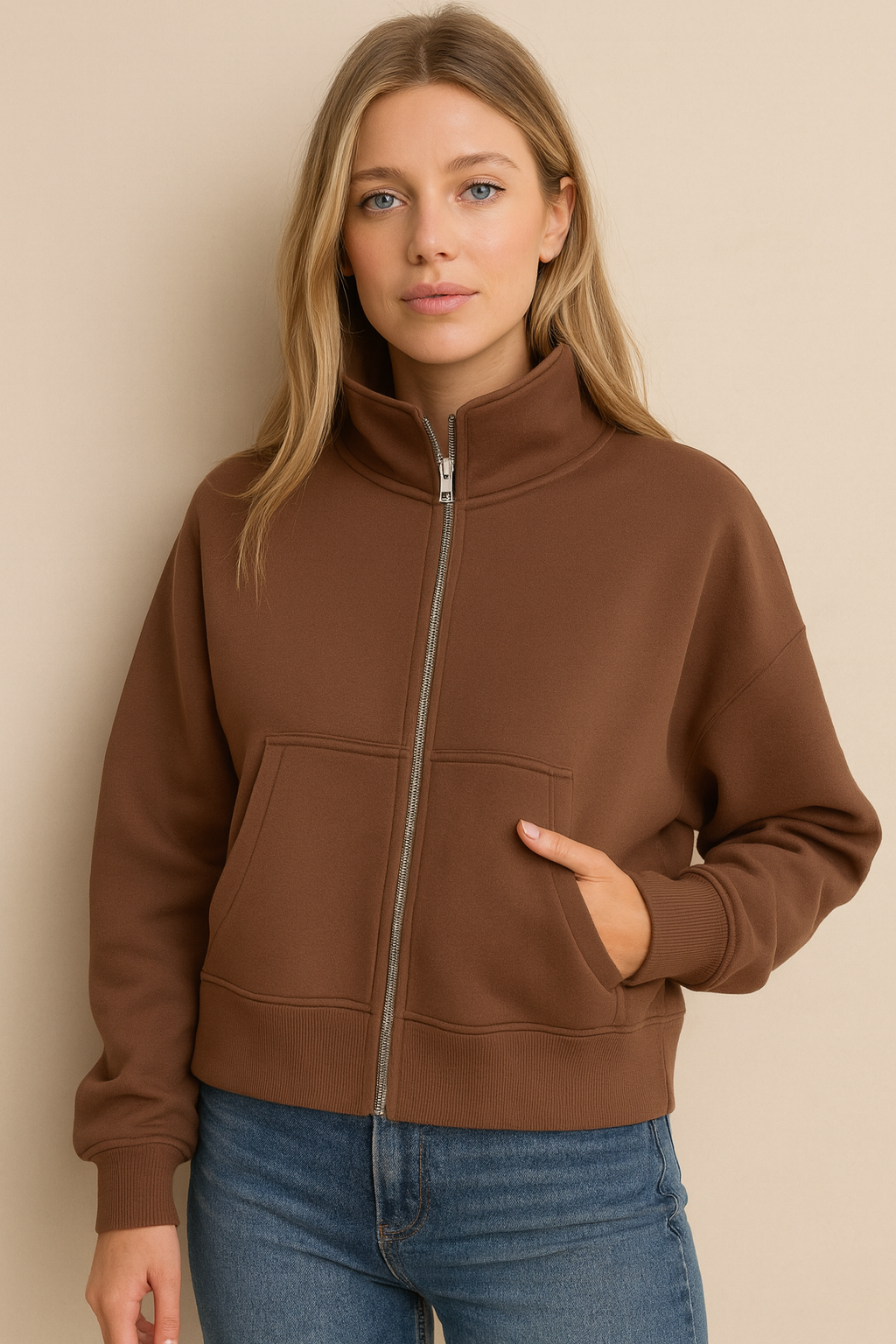 Dames Vest met Rits en Hoge Kraag Trendy Basic Stijl Salie