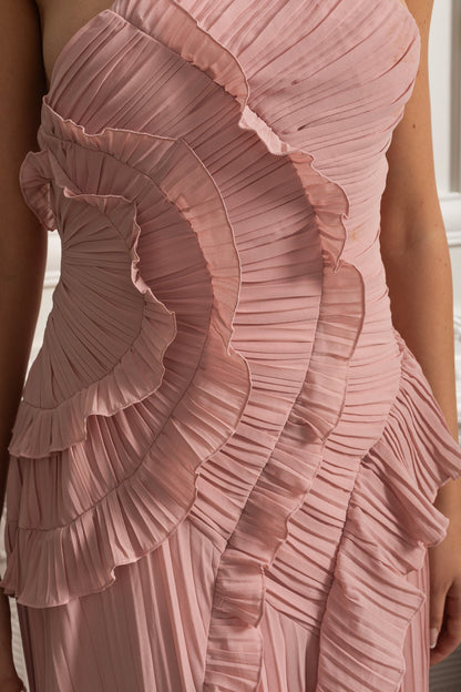Geplooide Halter Midi Jurk met Waterval Ruches – Roze