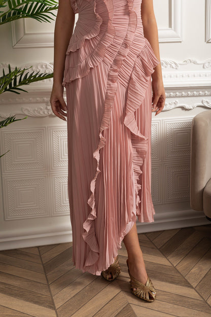 Geplooide Halter Midi Jurk met Waterval Ruches – Roze