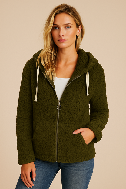 Dames Fleece Hoodie Rits Zakken Elegant Zwart