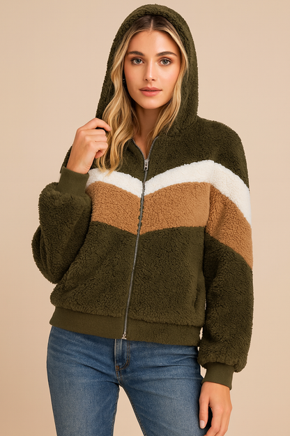 Dames Teddy Vest Hoodie met Rits en Kleurvlakken Zacht en Comfortabel
