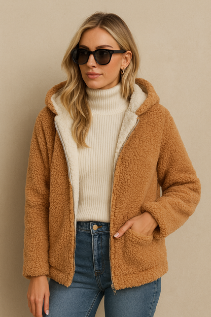 Dames Teddyjas Beige Plush met Capuchon Elegante Warme Winterjas