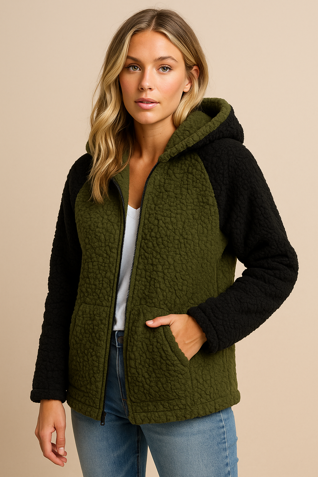 Dames Fleece Vest Zacht met Capuchon en Contrasterende Mouwen