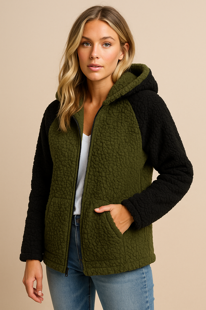 Dames Fleece Vest Zacht met Capuchon en Contrasterende Mouwen