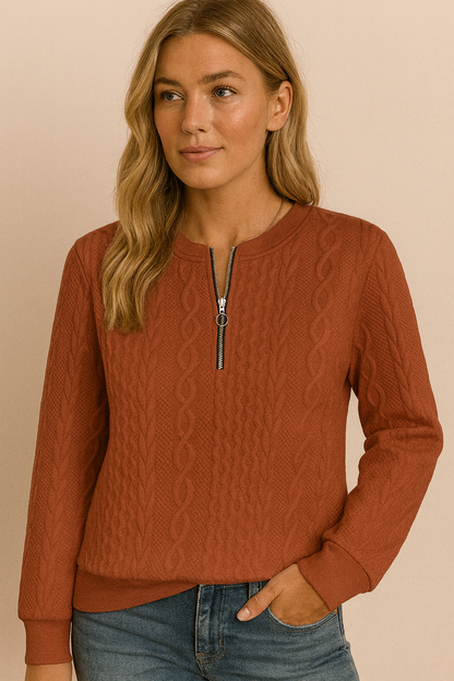 Dames Sweater Top met Rits en Kabel Patroon