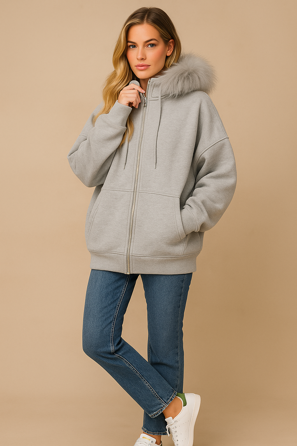Dames Hoodie Oversized met Rits en Zachte Kraag
