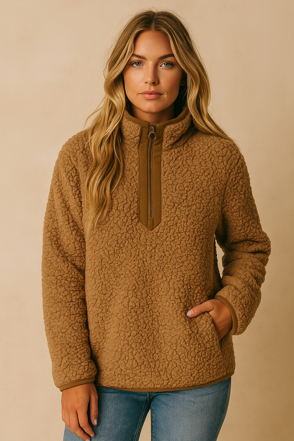 Dames Teddy Fleece Trui met Rits en Hoge Kraag Zwart