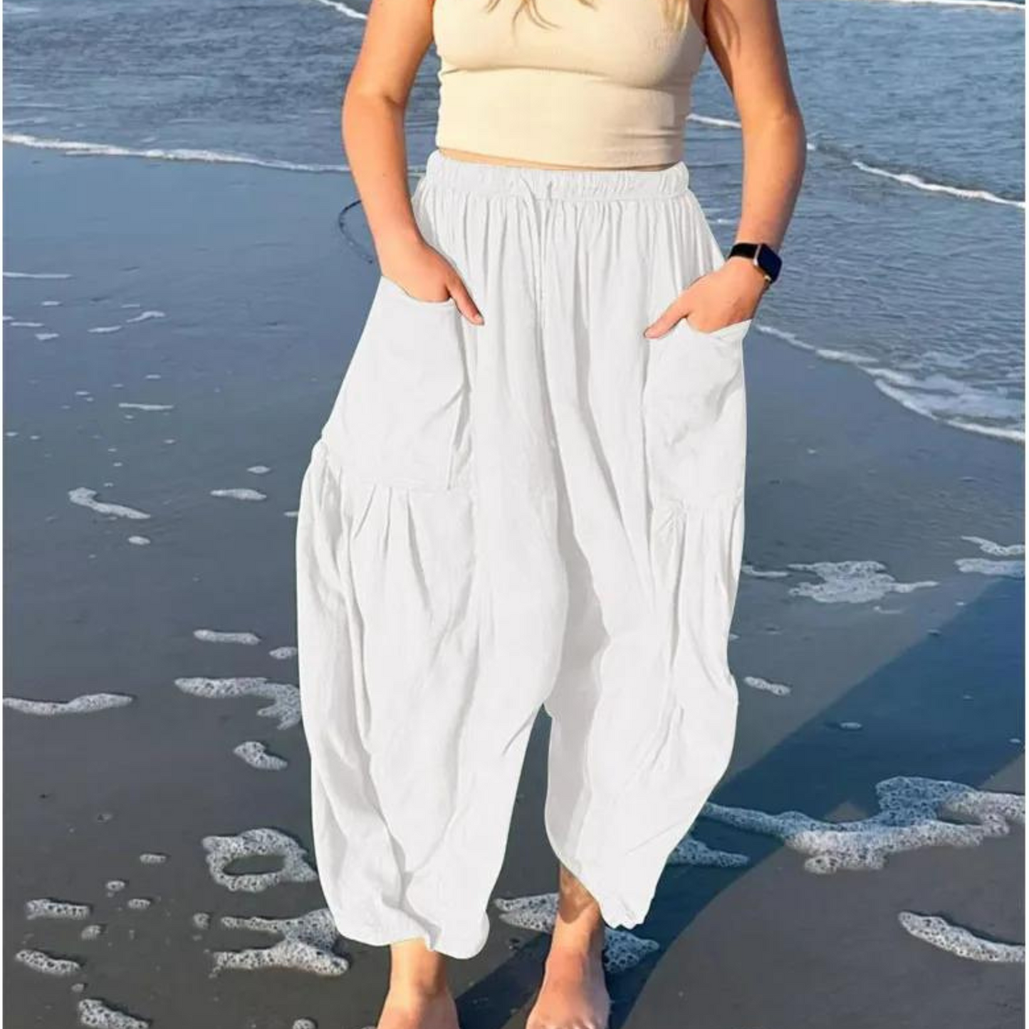 Wijde Katoenen Broek met Elastische Taille en Zakken