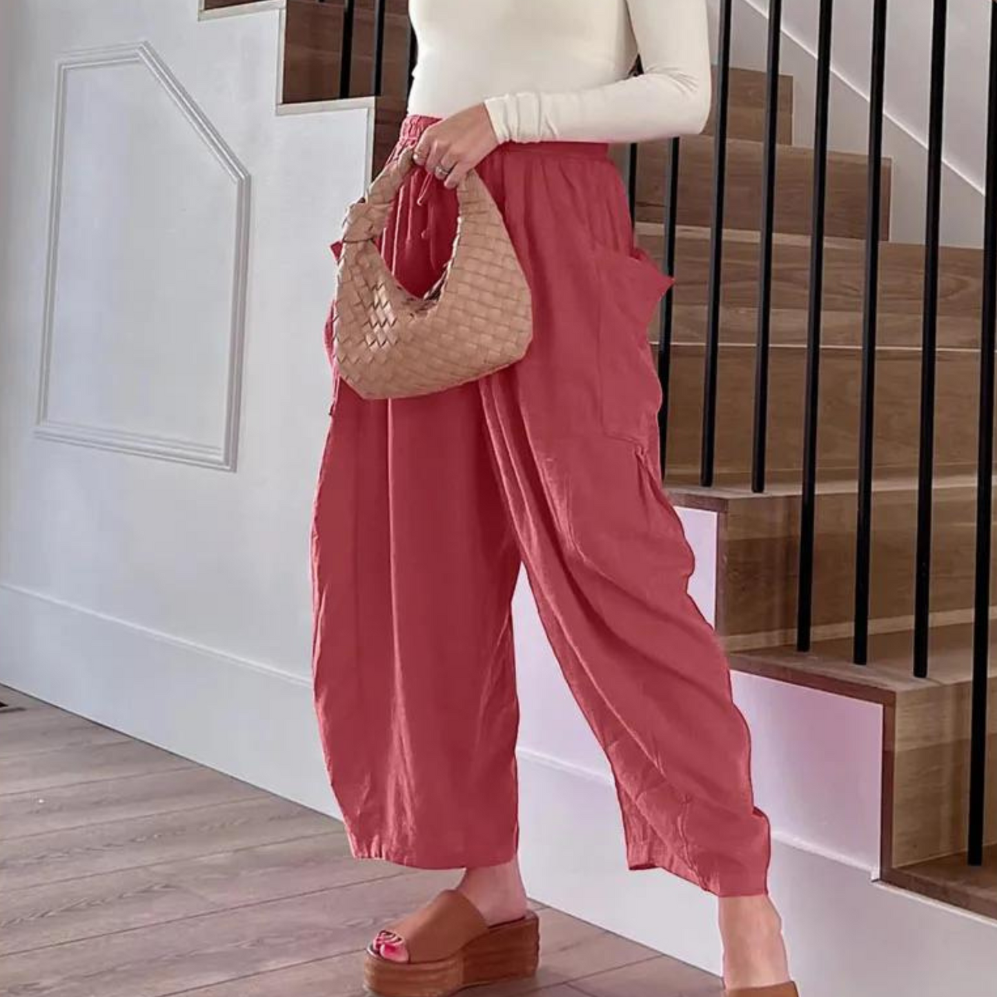 Wijde Katoenen Broek met Elastische Taille en Zakken