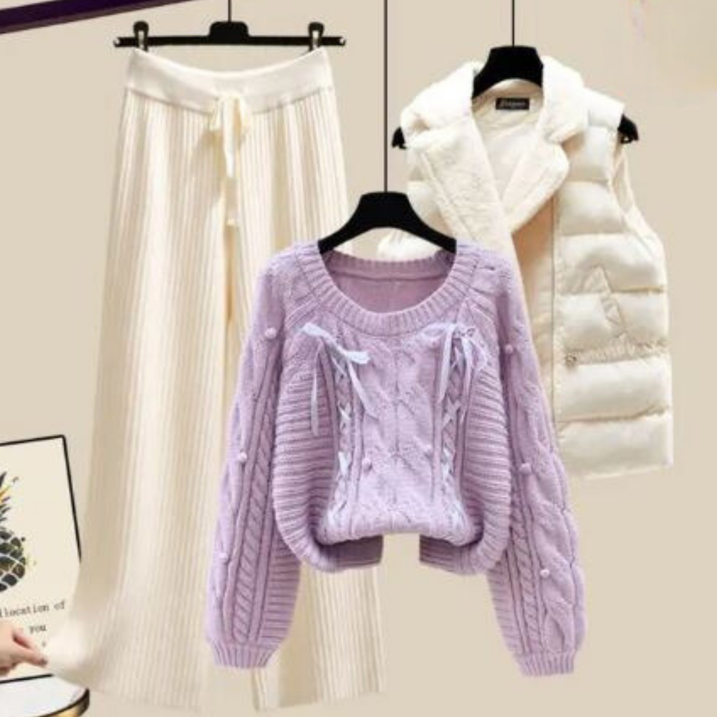 Damesvest Driedelig Set met Trui en Wijde Broek
