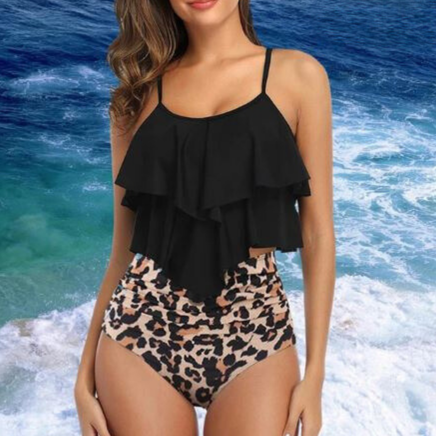 Tankini Set met Ruches en Hoge Taille Bikini
