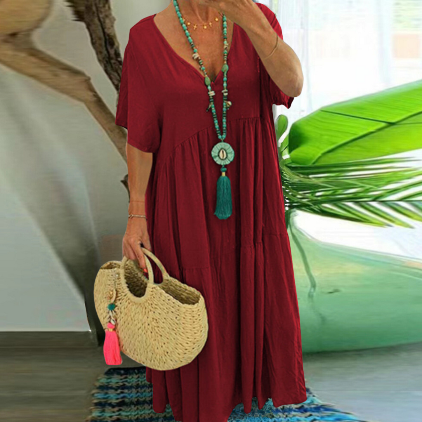 Lange Jurk V-Hals Zomerjurk Swing Stijl