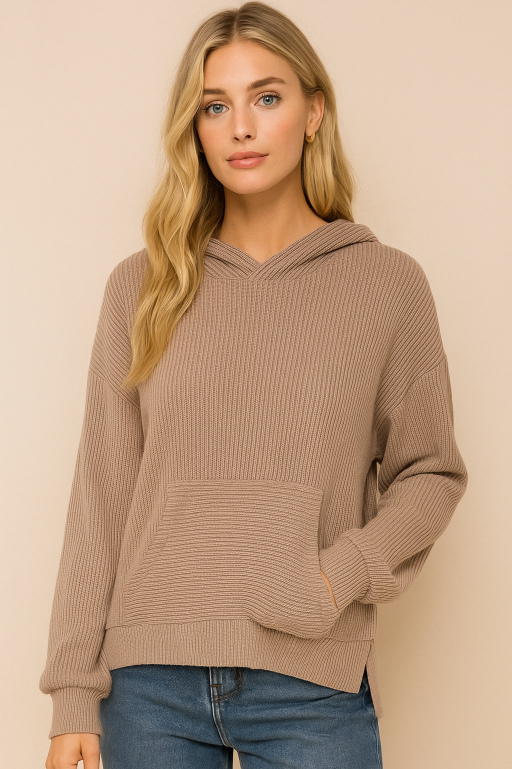 Dames Hoodie Elegante Basis Met Kangoeroe Zak en Rib