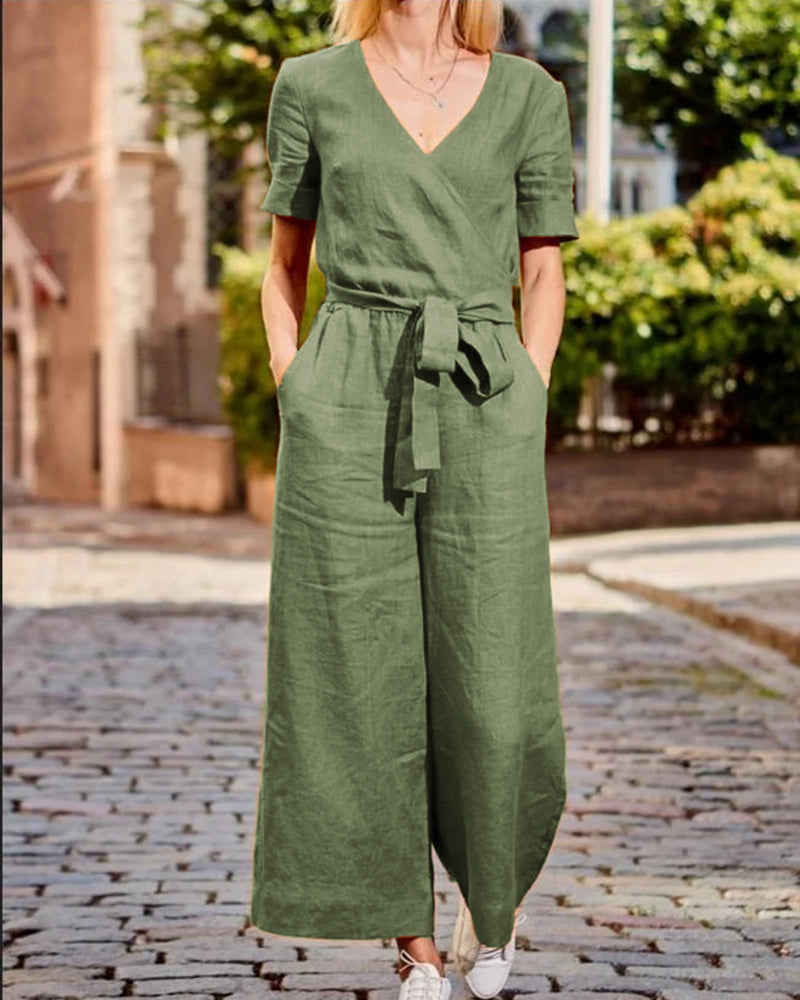 Vrouwelijke Jumpsuit Korte Mouwen Met Riem