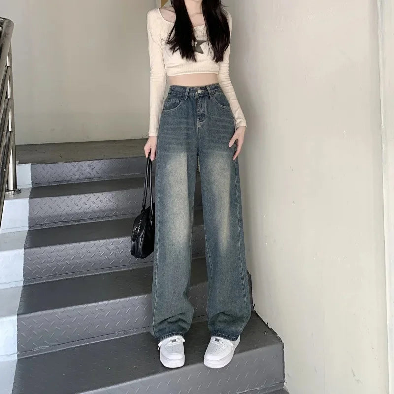Hoge Taille Wide Leg Jeans Dames Retro Stijl - Mode Vibes