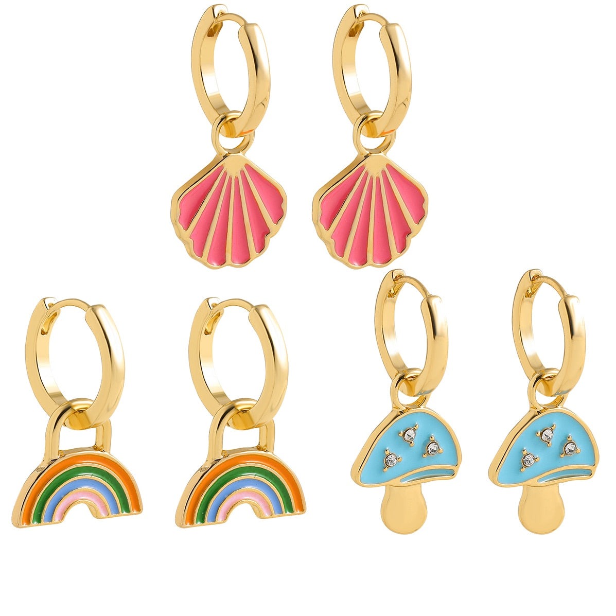 Goudkleurige Oorbellen Set van 3: Regenboog, Schelp en Paddenstoel