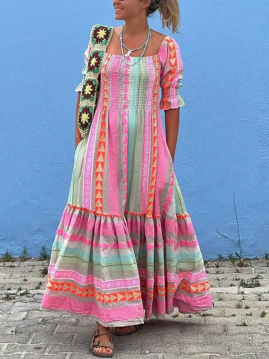 Maxi Jurk Gestreept Patchwork Zomerjurk met Plooien - Mode Vibes