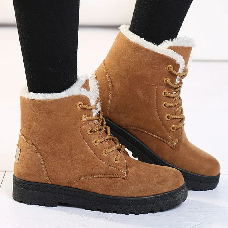 Fleecegevoerde Dames Winterboots – Warme Enkellaarsjes met Vetersluiting