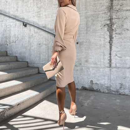 Midi-Jurk met Split en Lange Mouwen Zwart Elegante Jurk