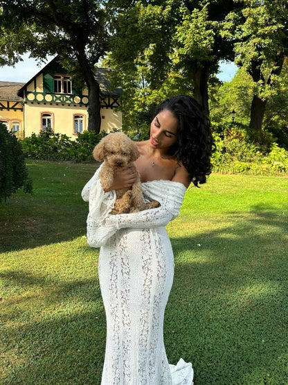 Elegante Maxi Jurk Off-Shoulder met Kant en Ruches