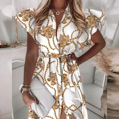 Midi Jurk Korte Mouw V-Hals Knoop Print Zomerjurk