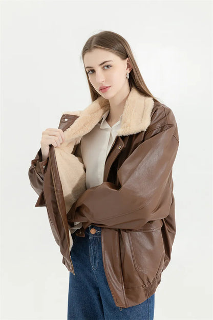 Leren Winterjas Vintage Stijlvol voor Vrouw