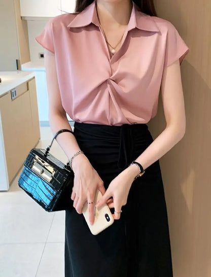 Zomerse Satijnen V-hals Blouse met Korte Mouwen