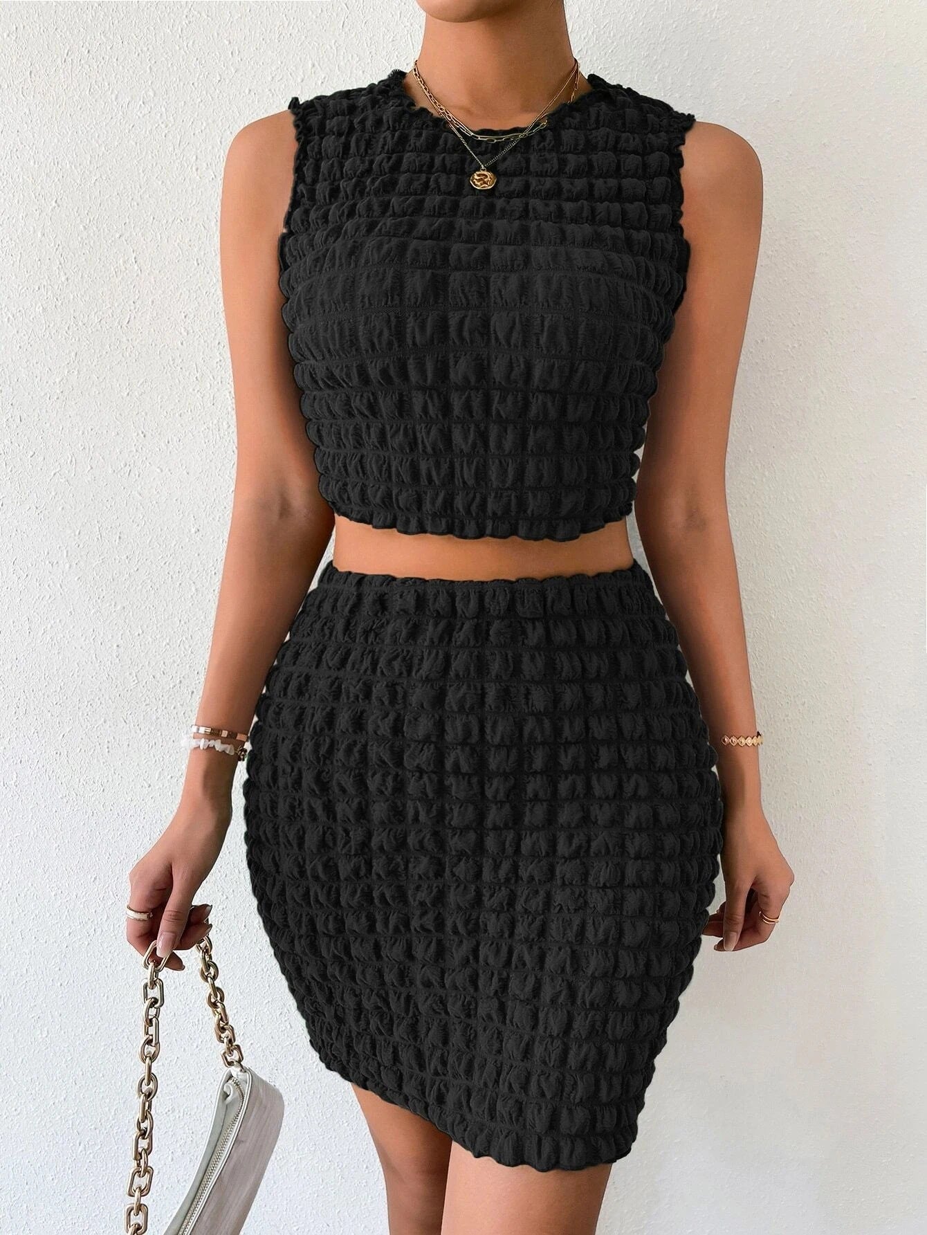 Crop Top en Rok Set met Bubble Textuur