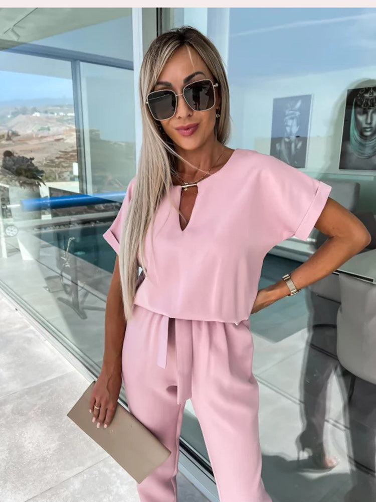Dames Jumpsuit Korte Mouwen met Ceintuur Elegant
