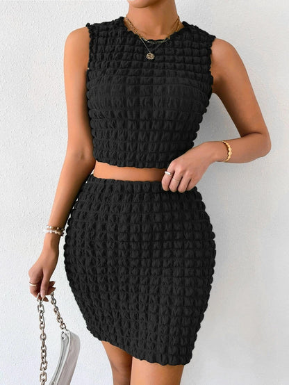Crop Top en Rok Set met Bubble Textuur - Mode Vibes