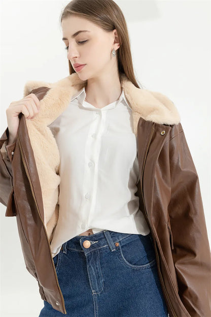 Leren Winterjas Vintage Stijlvol voor Vrouw