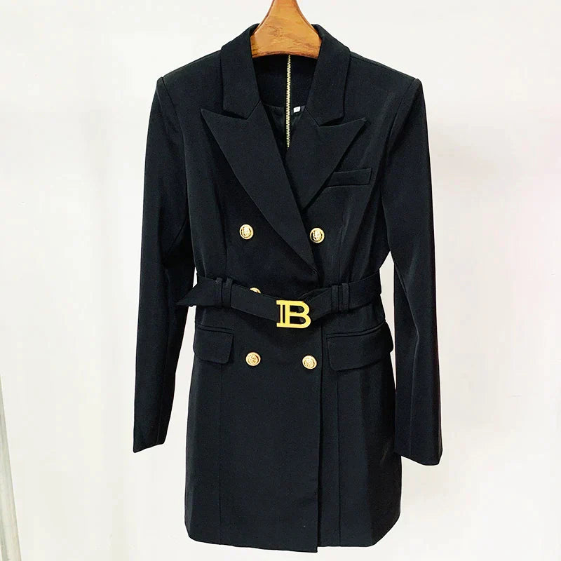 Blazerjurk Double-Breasted Met Riem Elegant Dame Jurk