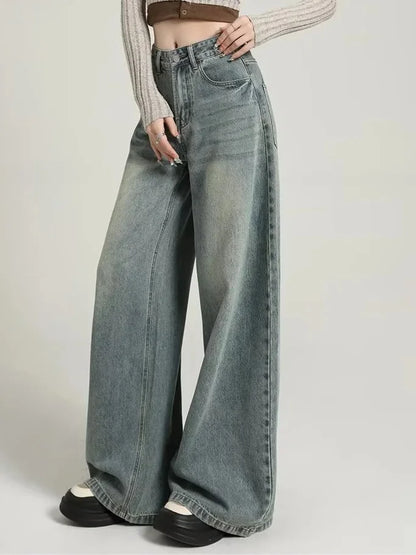 Dames High Waist Jeans Grijze Wide Leg Spijkerbroek Stoere Look