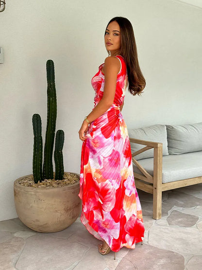 Vrouwelijke Plissé Jurk met Bloemenpatroon Elegante Stijl