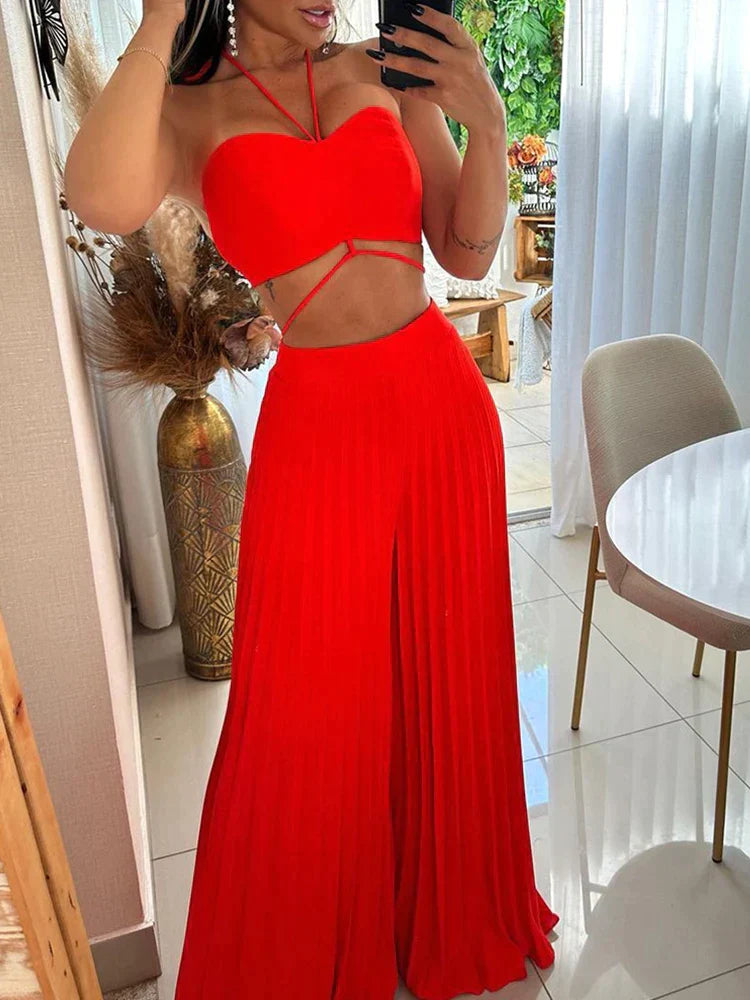 Rode Crop Top en Wijde Broek Set voor Vrouw - Mode Vibes