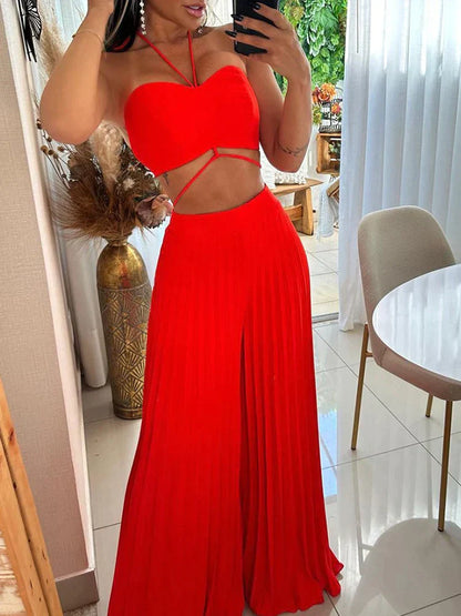 Rode Crop Top en Wijde Broek Set voor Vrouw - Mode Vibes