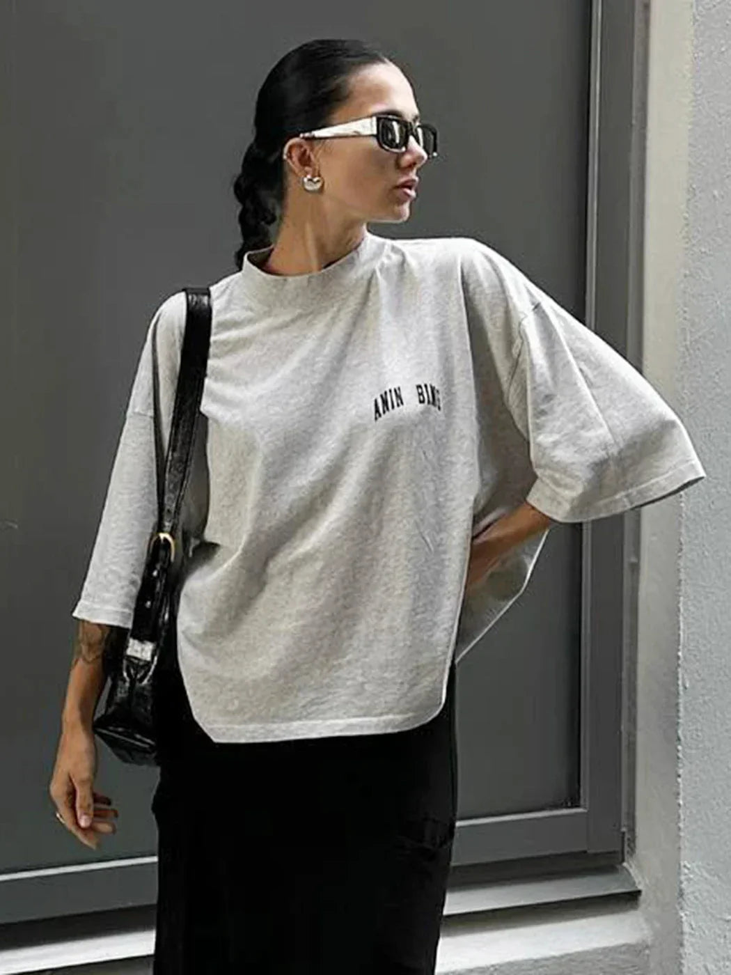 Dames T-Shirt Oversized Grijs met Logo