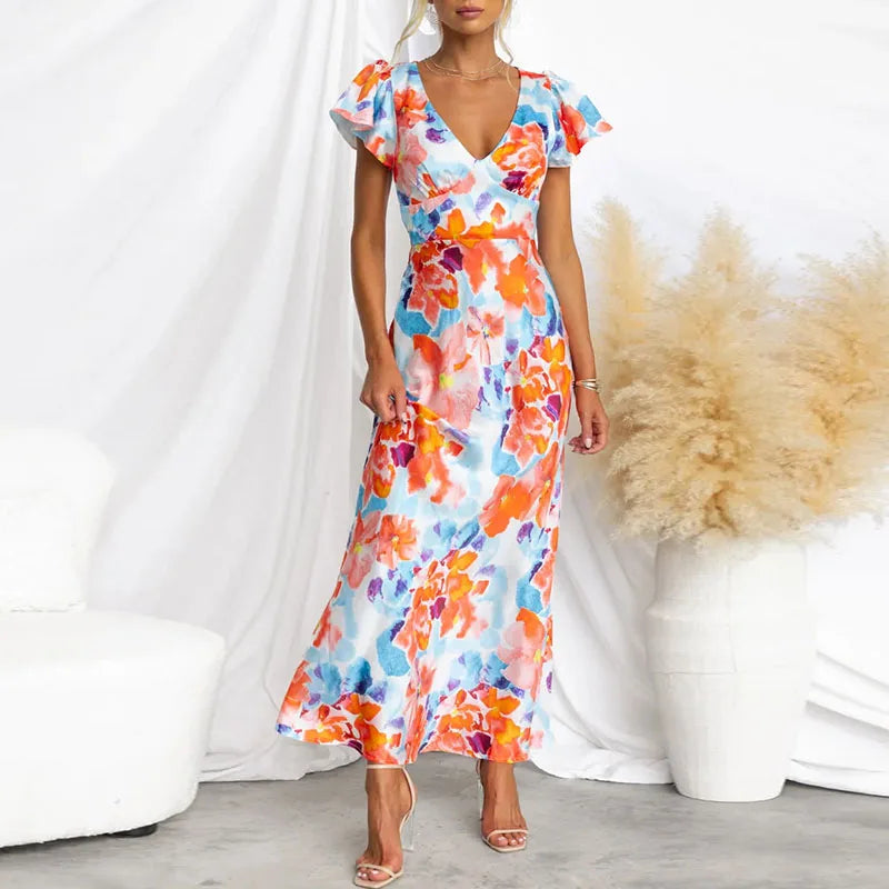 Feestjurk V-hals Bloemenprint Elegante Avondjurk