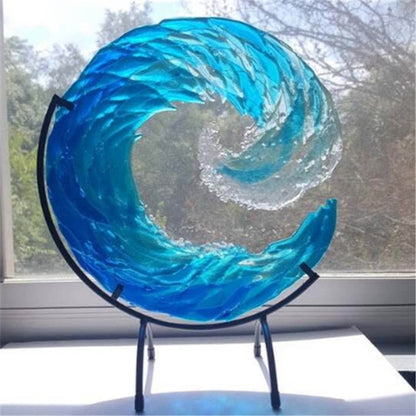 Kunstglas Sculptuur Golfpatroon Blauw Aqua Design